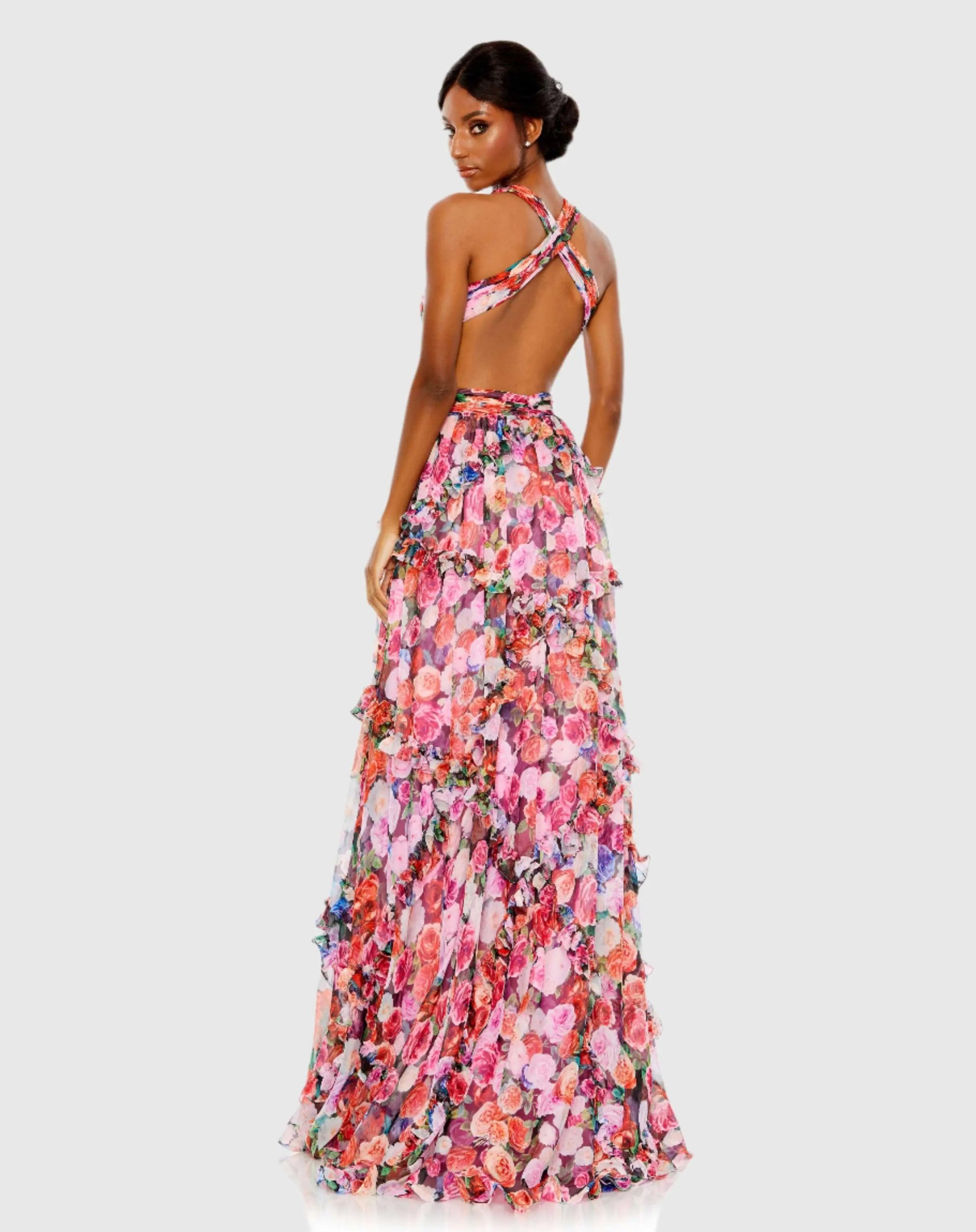 Multicolor Ruffled Cut Out Sleeveless Gown - Image 2