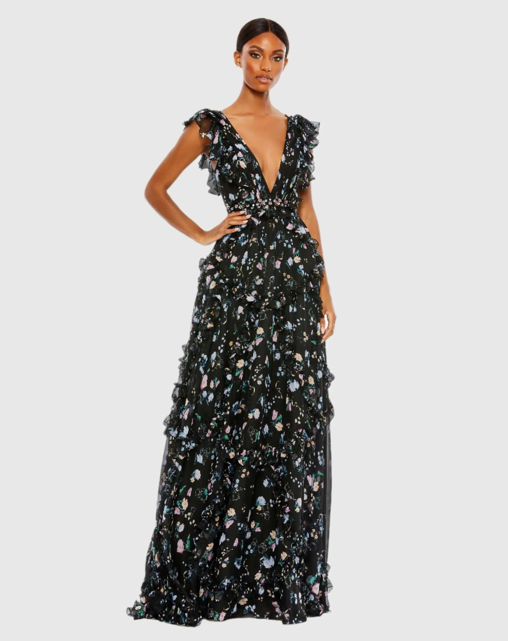 Multicolor Ruffled Floral Print Cap Sleeve Gown - Image 2