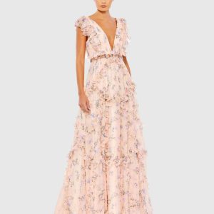 Pink Multicolor Ruffled Floral Print Cap Sleeve Gown
