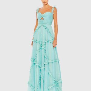 Blue Ruffle Tiered Sleeveless Flowy A Line Gown
