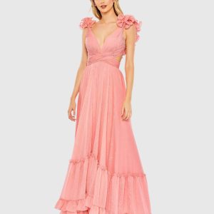 Pink Ruffle Sleeve V Neck A Line Gown