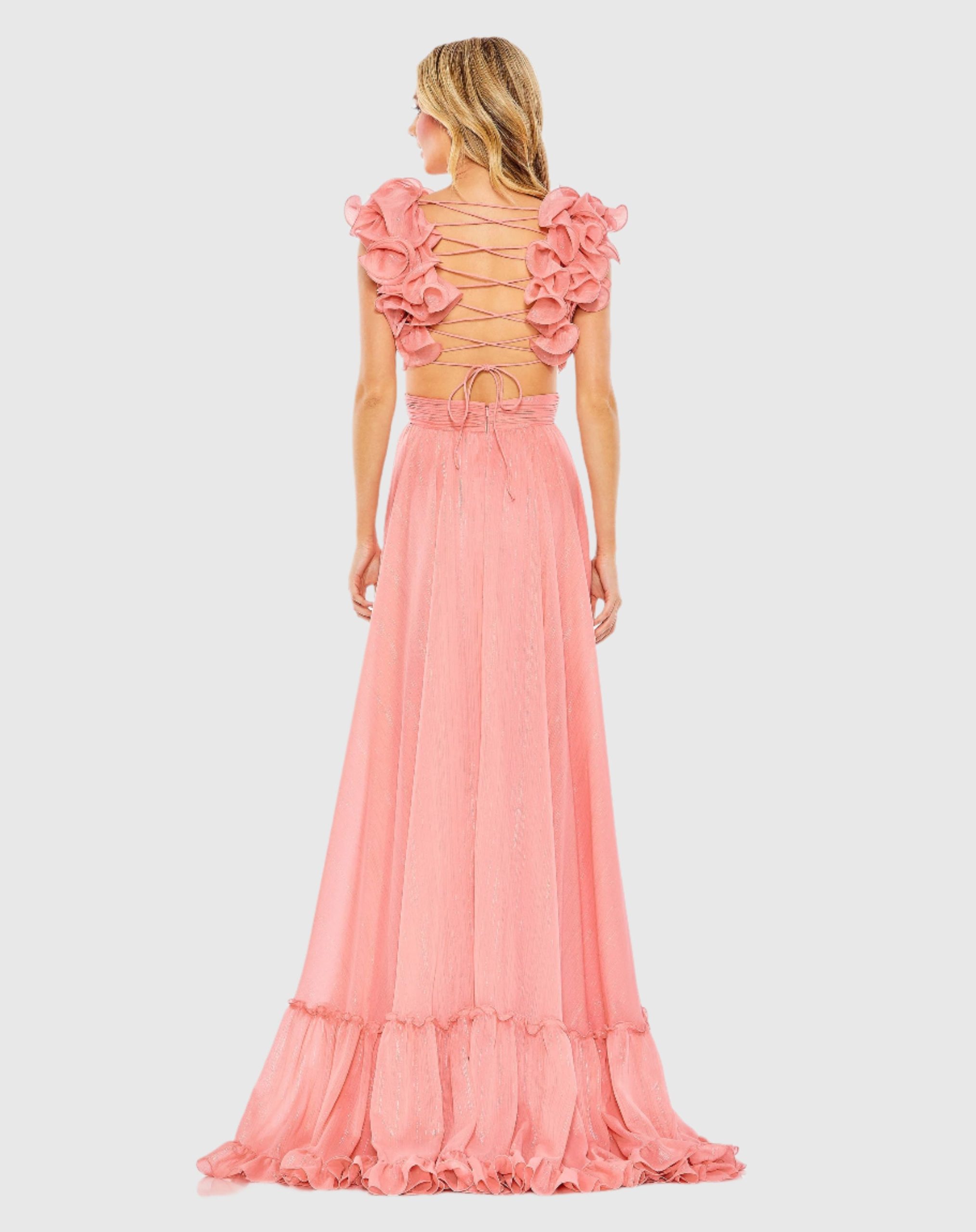 Pink Ruffle Sleeve V Neck A Line Gown - Image 2