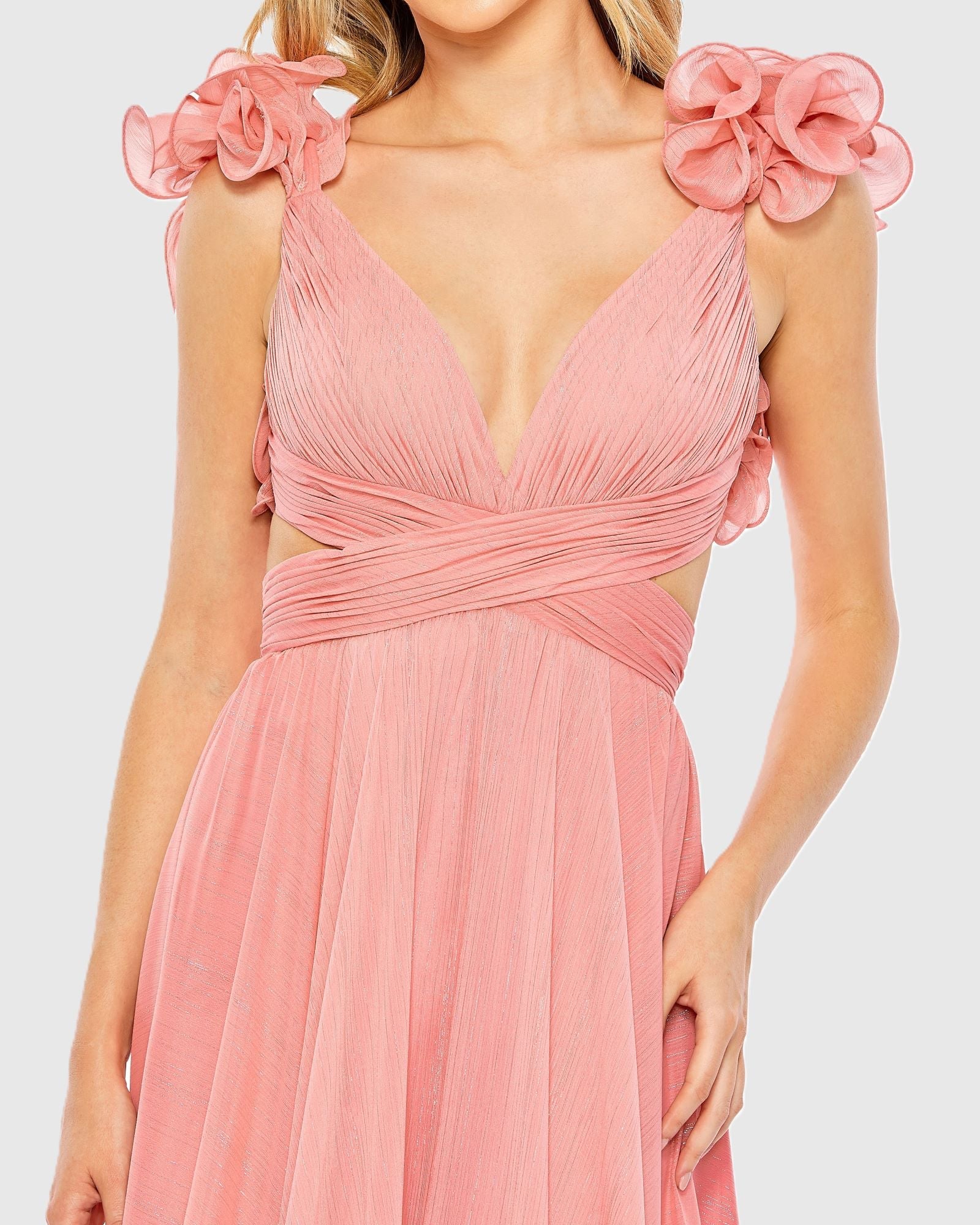 Pink Ruffle Sleeve V Neck A Line Gown - Image 3