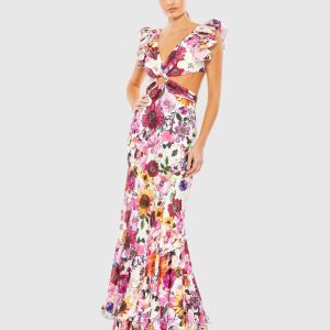 Multicolor Floral Print Ruffle Shoulder Cut Out Gown