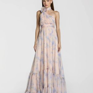 Pink Asymmetrical Ruffled Halter Floral Gown