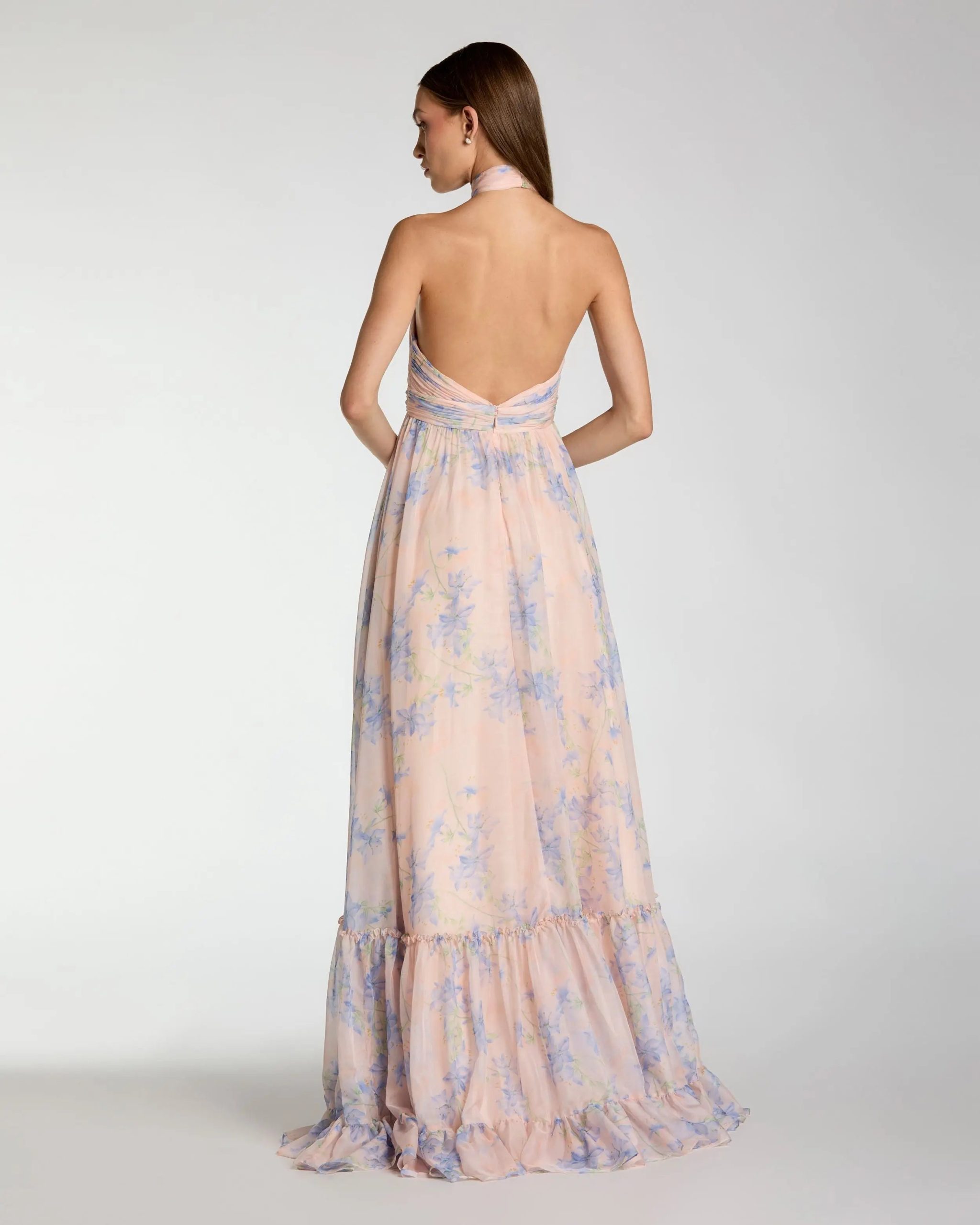 Pink Asymmetrical Ruffled Halter Floral Gown - Image 3