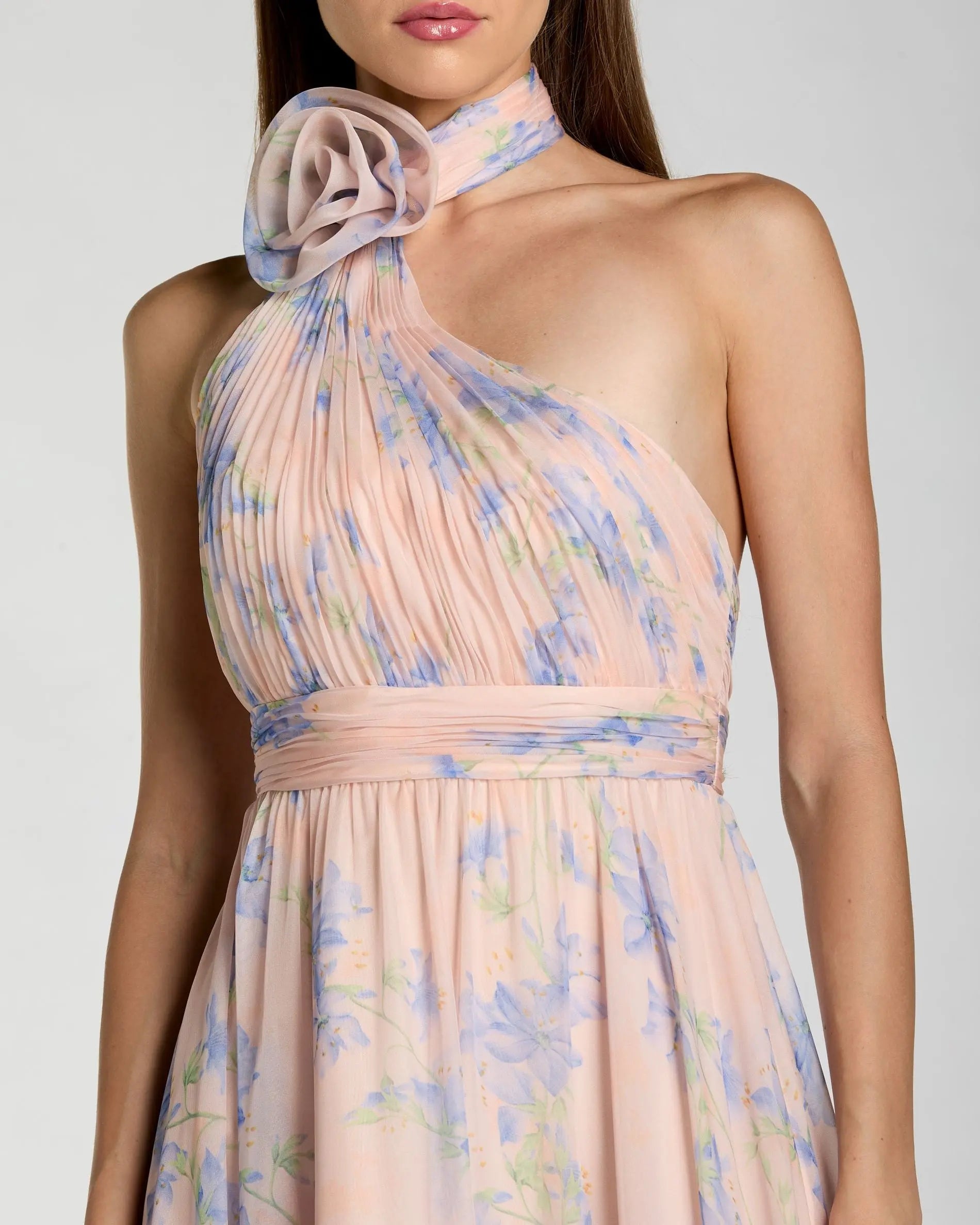 Pink Asymmetrical Ruffled Halter Floral Gown - Image 2