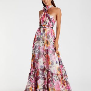 Multicolor Asymmetrical Ruffled Halter Floral Gown