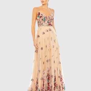 Beige Embellished Floral Detail A Line Gown