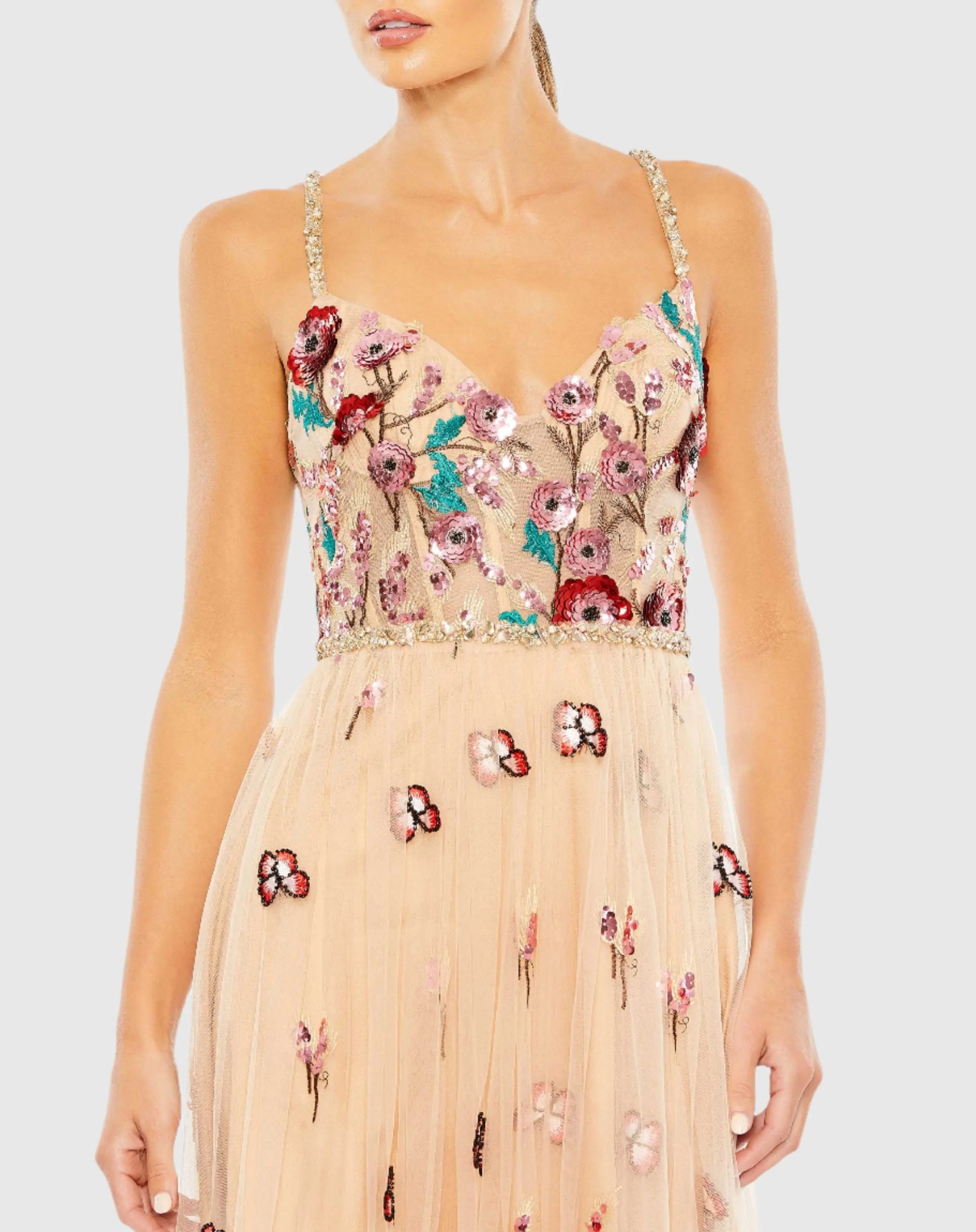 Beige Embellished Floral Detail A Line Gown - Image 2