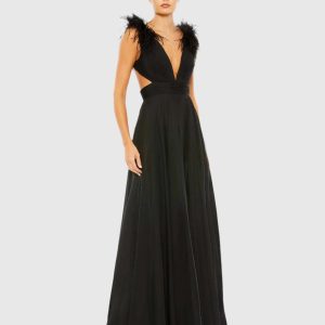 Black Plunge Ostrich Feather A Line Gown