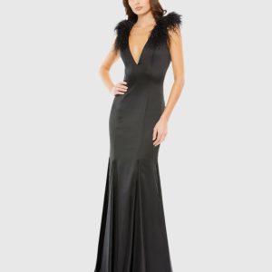 Feather Shoulder V-Neck Column Gown