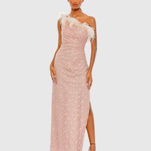 Pink Embellished One Shoulder Gown w/ Ostrich Feathers