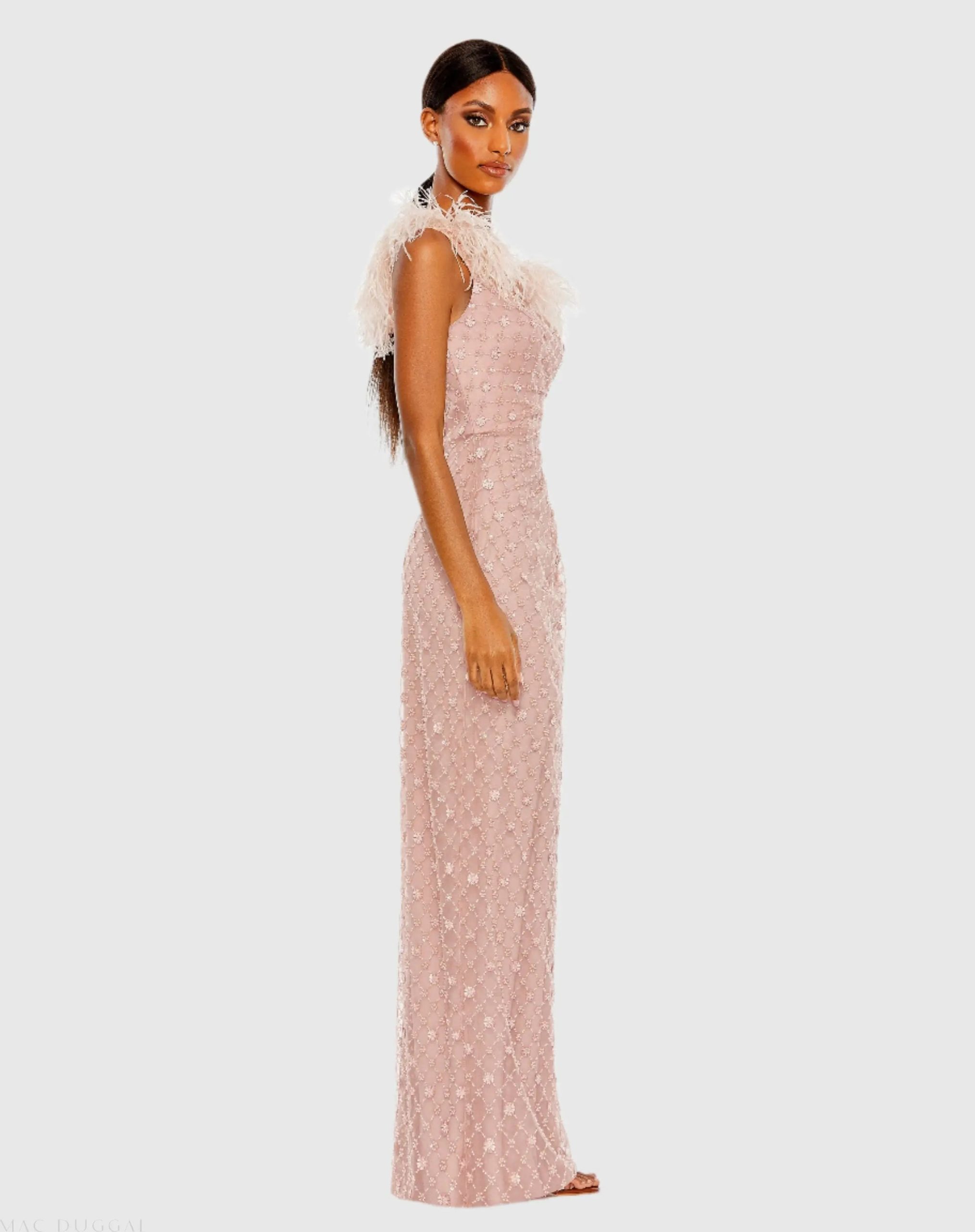 Pink Embellished One Shoulder Gown w/ Ostrich Feathers - Image 3