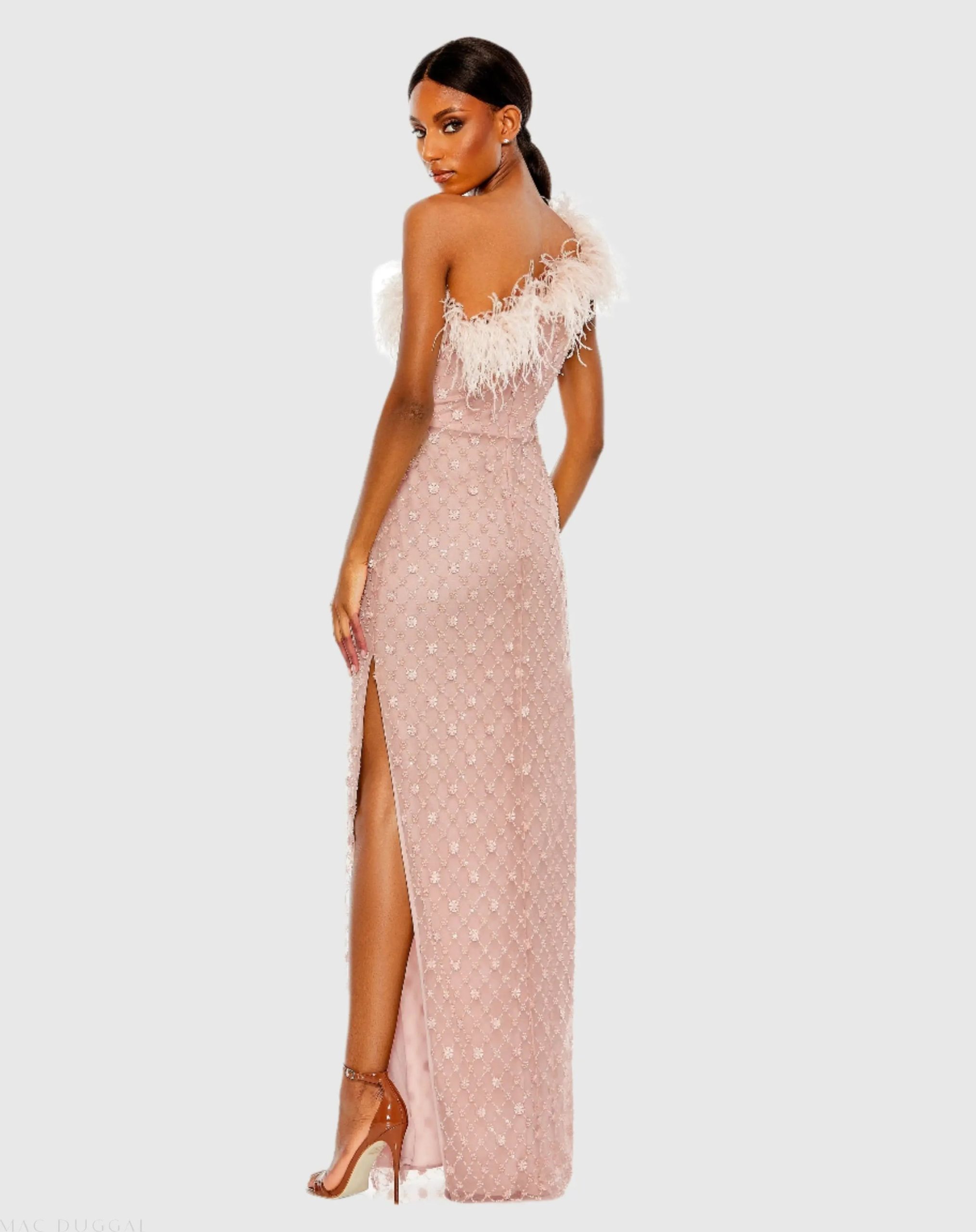 Pink Embellished One Shoulder Gown w/ Ostrich Feathers - Image 4