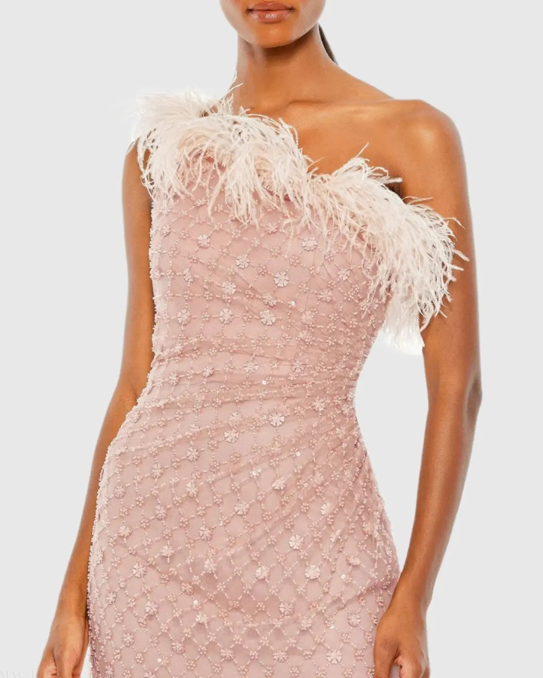 Pink Embellished One Shoulder Gown w/ Ostrich Feathers - Image 2