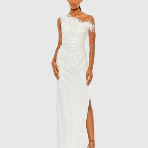 White Embellished One Shoulder Gown w/ Ostrich Feathers - FINAL SALE