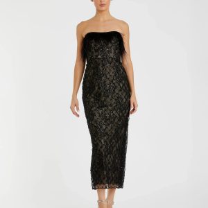 Black Embellished Feather Strapless Column Dress
