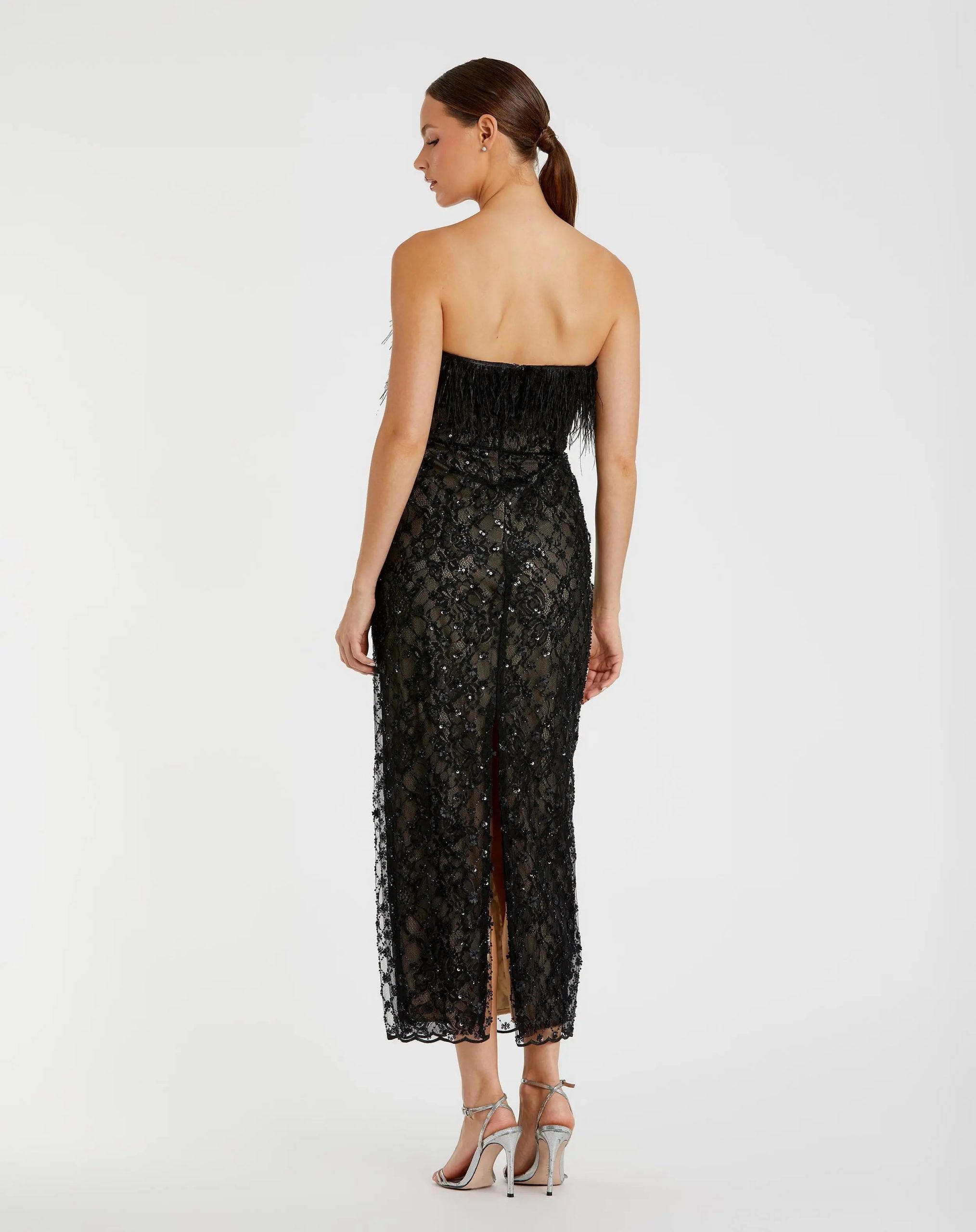 Black Embellished Feather Strapless Column Dress - Image 3