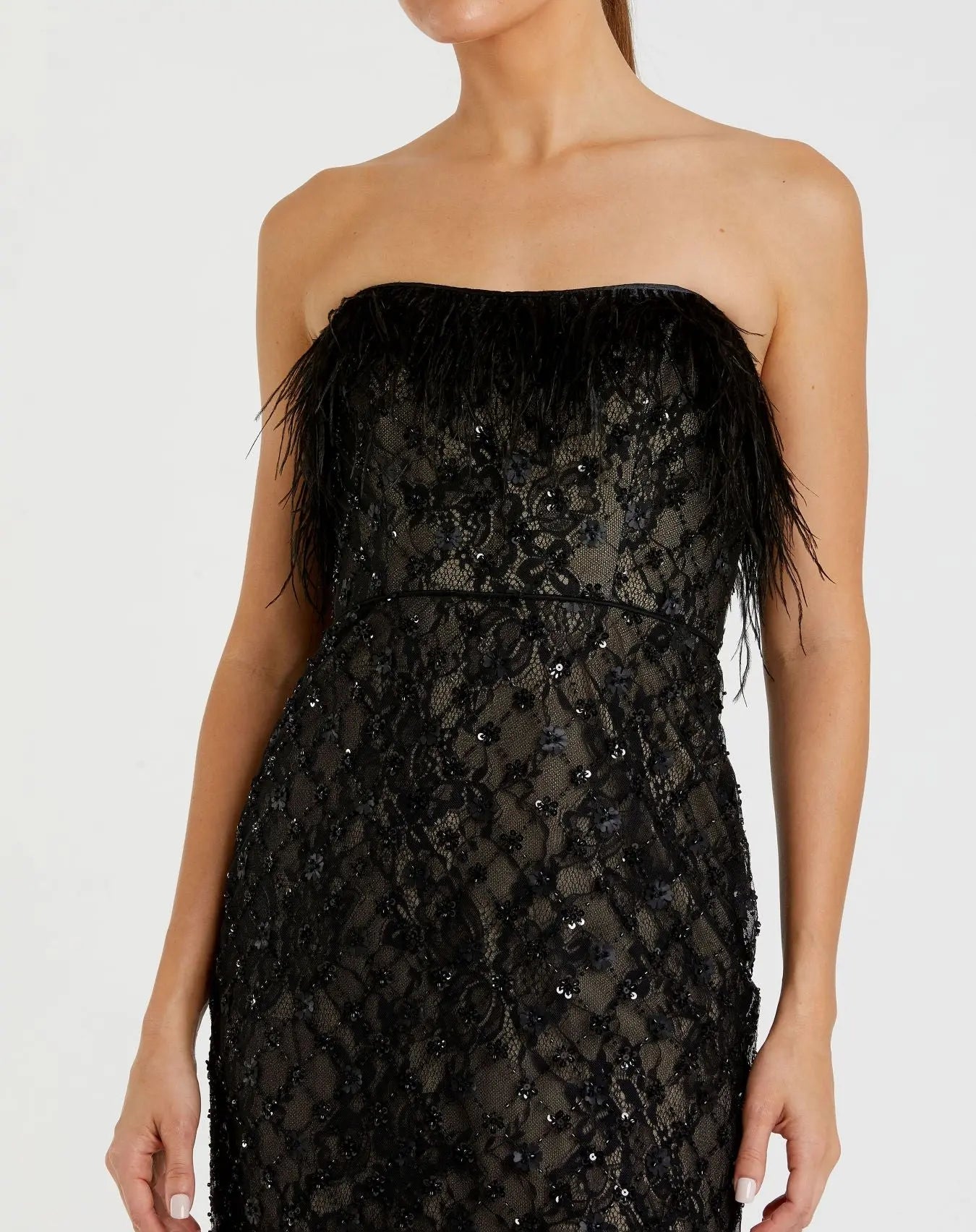 Black Embellished Feather Strapless Column Dress - Image 2