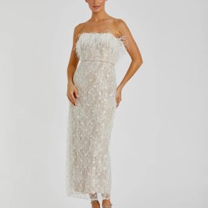 White and Beige Embellished Feather Strapless Column Dress