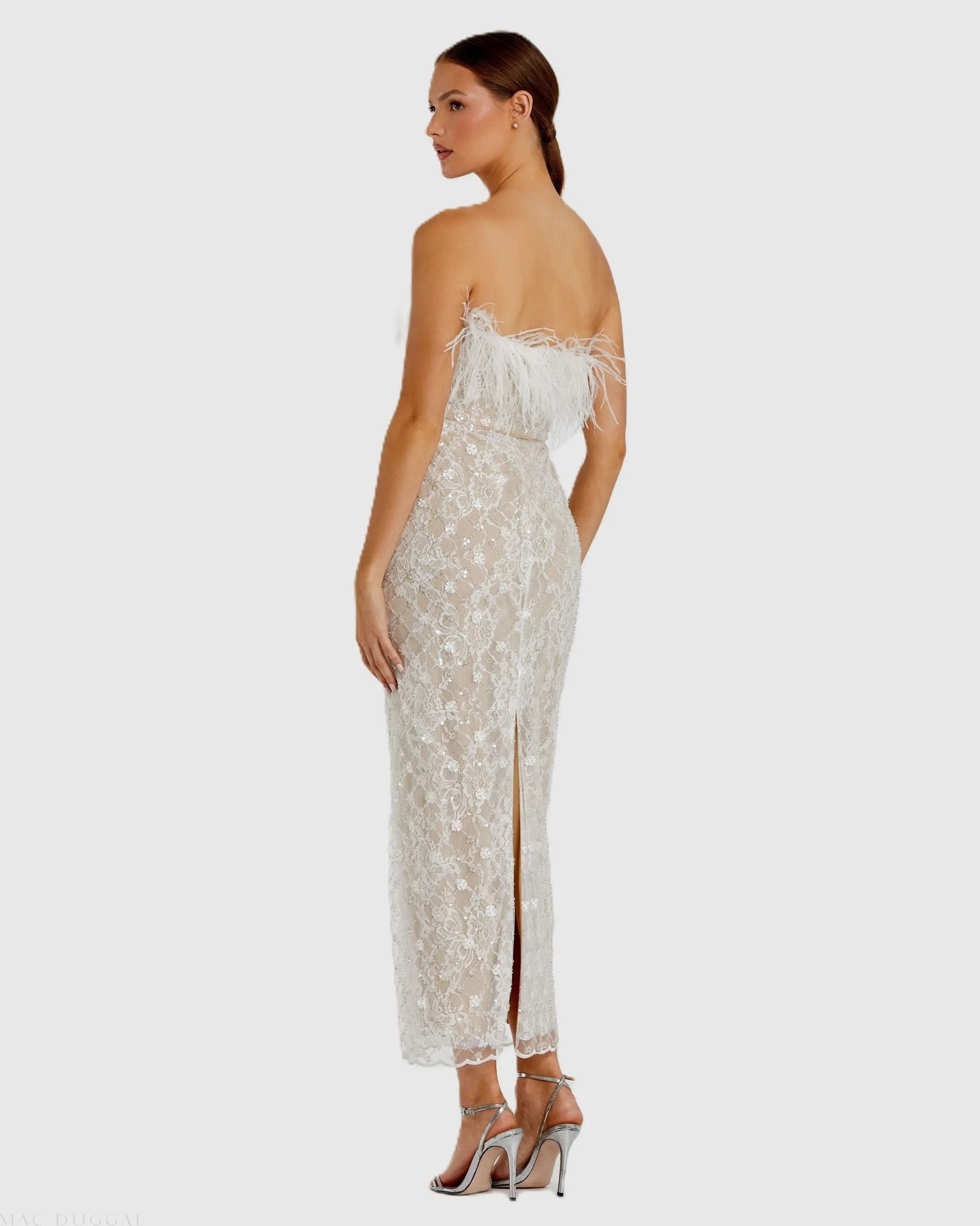 White and Beige Embellished Feather Strapless Column Dress - Image 3