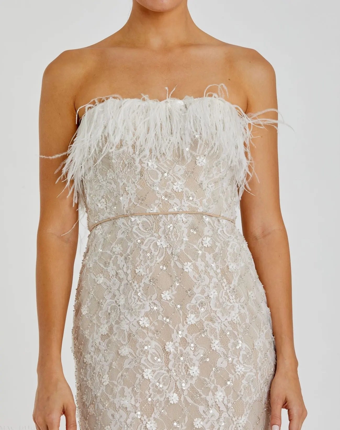 White and Beige Embellished Feather Strapless Column Dress - Image 2
