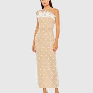 Beige Embellished Feather Strapless Column Dress