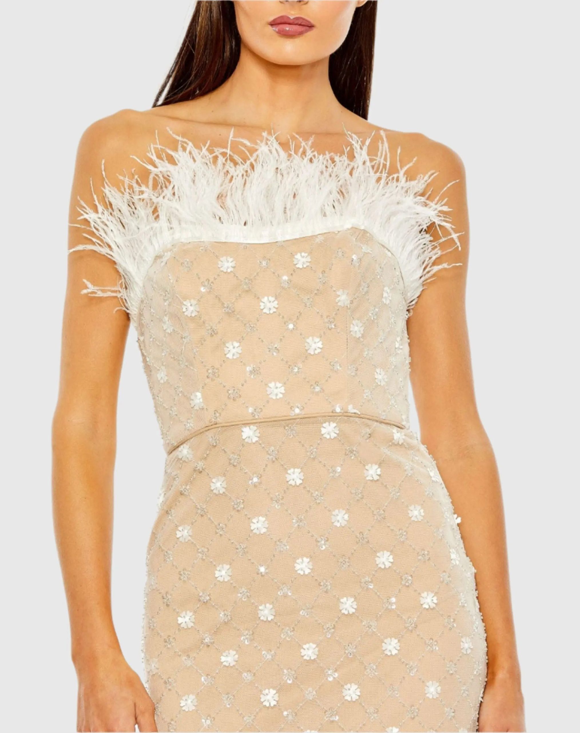 Beige Embellished Feather Strapless Column Dress - Image 2