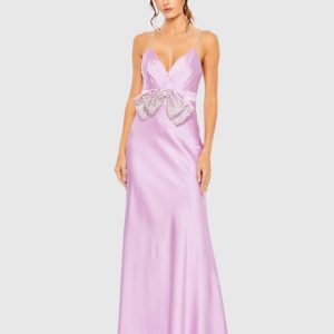 Purple Rhinestone Bow Cami Draped Trumpet Gown