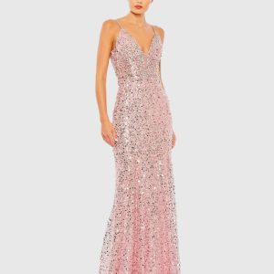 Embellished Plunge Neck Sleeveless Trumpet Gown