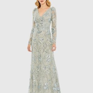 Green Embroidered Wrap Over Puff Sleeve Trumpet Gown
