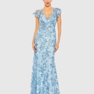 Blue Embroidered Applique Wrap Over Flutter Sleeve Gown