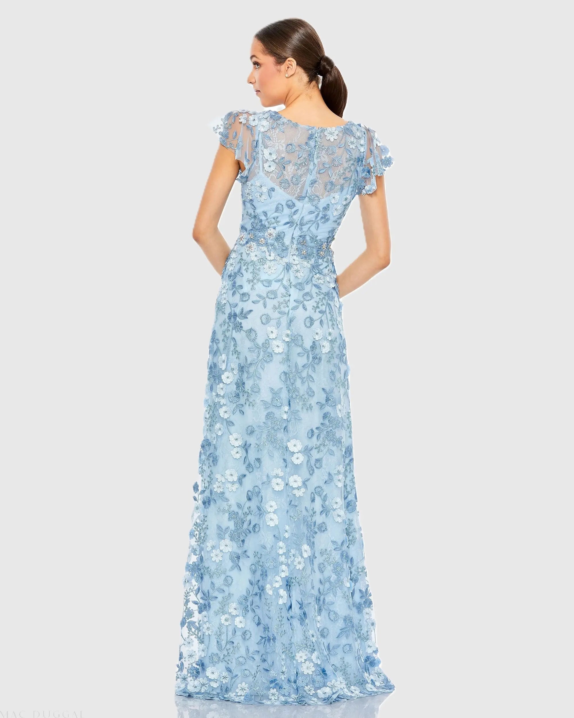 Blue Embroidered Applique Wrap Over Flutter Sleeve Gown - Image 3