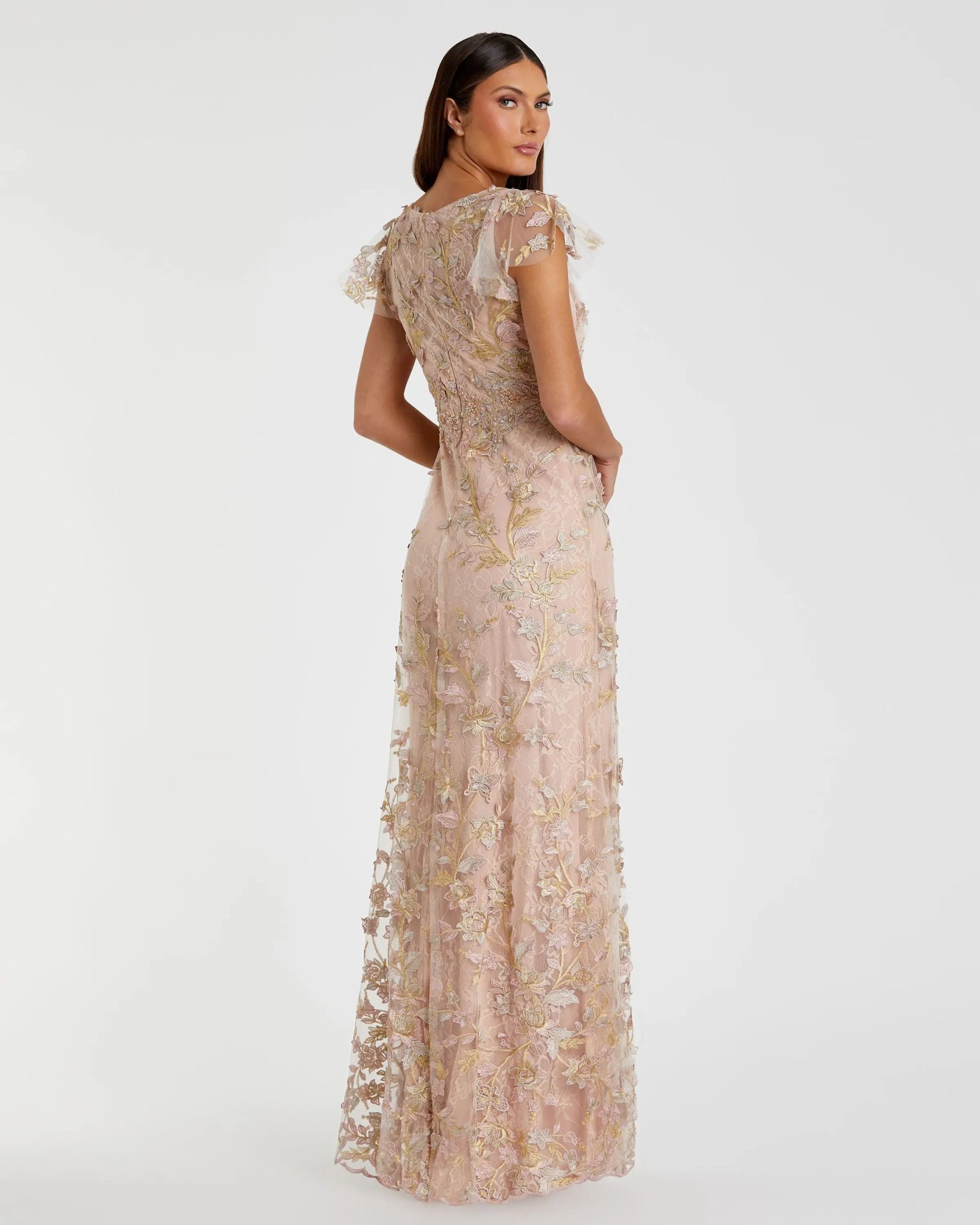 Pink Embroidered Applique Wrap Over Flutter Sleeve Gown - Image 3