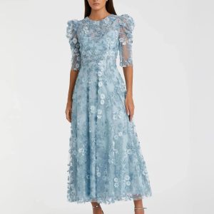 Blue Applique High Neck Puff Sleeve A Line Dress