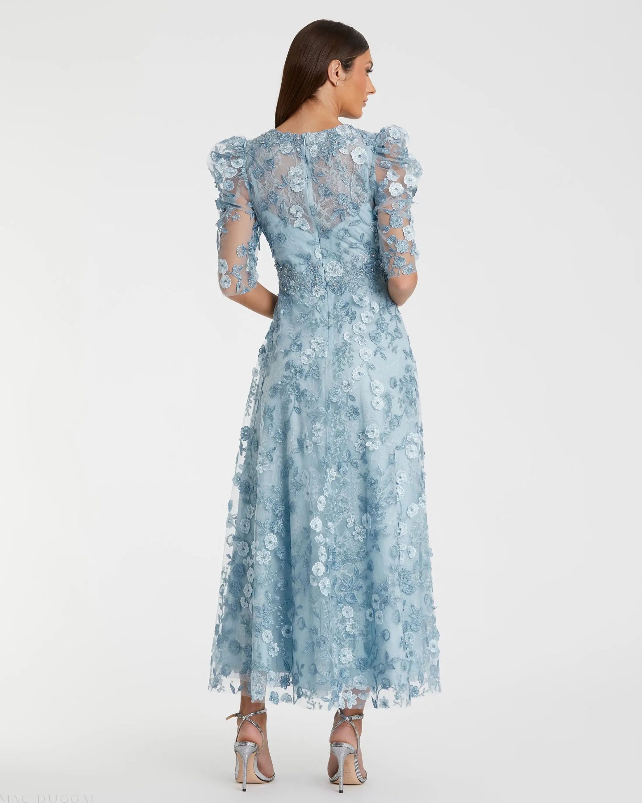 Blue Applique High Neck Puff Sleeve A Line Dress - Image 3