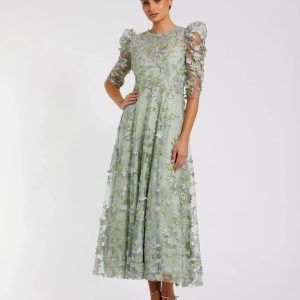 Green Applique High Neck Puff Sleeve A Line Dress
