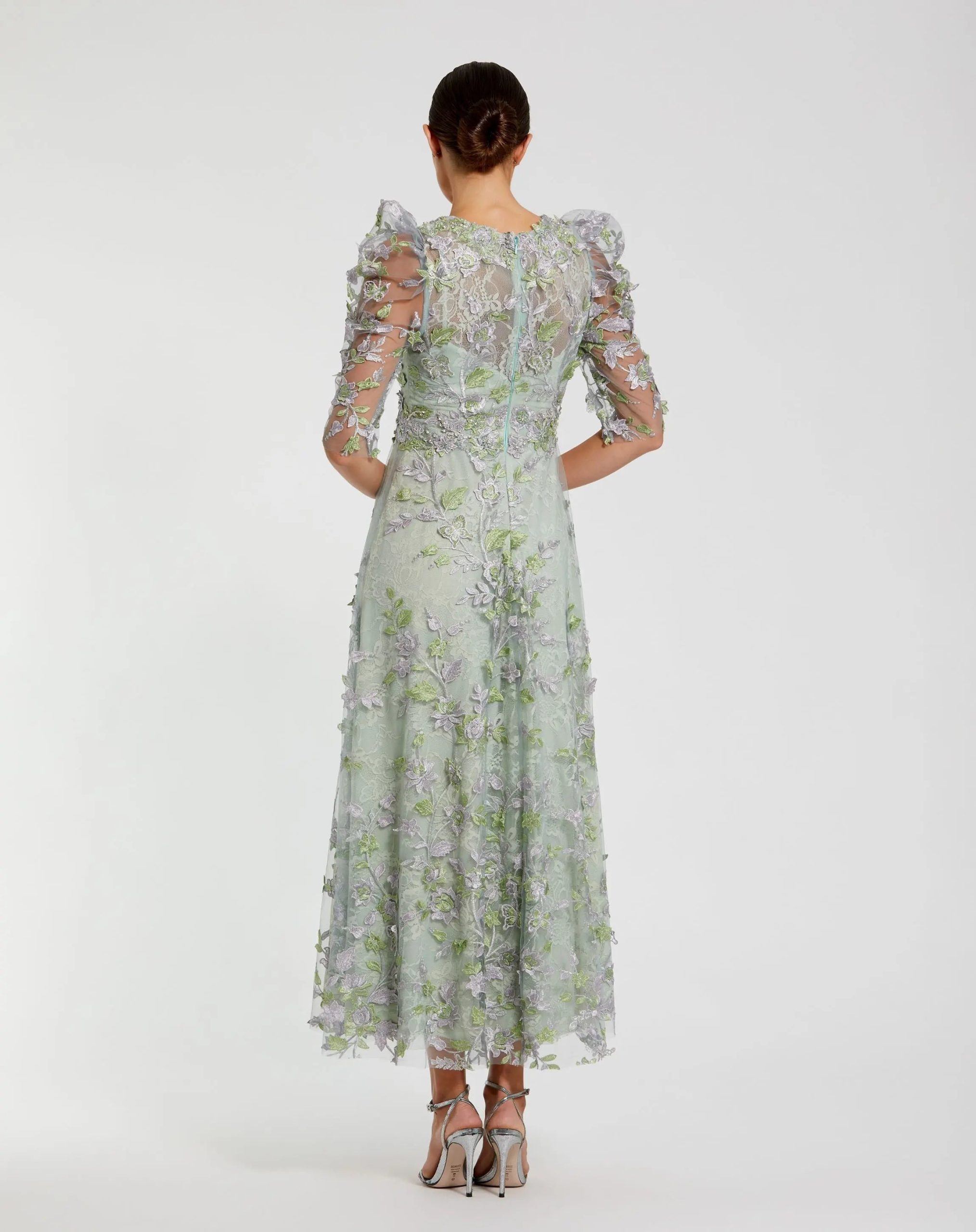 Green Applique High Neck Puff Sleeve A Line Dress - Image 3