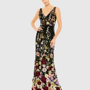 Black Embroidered Tulle Sleeveless V Neck Gown