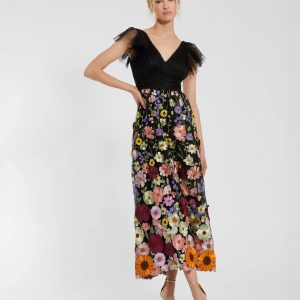 Black Multicolor Embroidered Flutter Sleeve Floral Dress