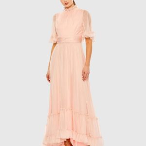 Pink Ruffled Mock Neck Flutter Sleeve High Low Hem Gown