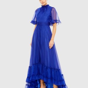 Blue Ruffled Mock Neck Flutter Sleeve High Low Hem Gown