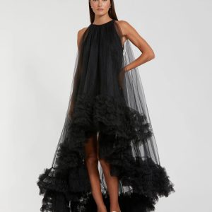 Black Tulle High Neck Sleeveless Ruffled Hem Hi-Low Gown