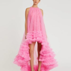 Pink Tulle High Neck Sleeveless Ruffled Hem Hi-Low Gown
