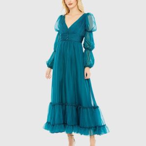 Chiffon Ruched Tiered Puff Sleeve A Line Dress