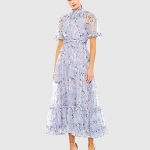 Purple Floral Print High Neck Raglan Sleeve Dress
