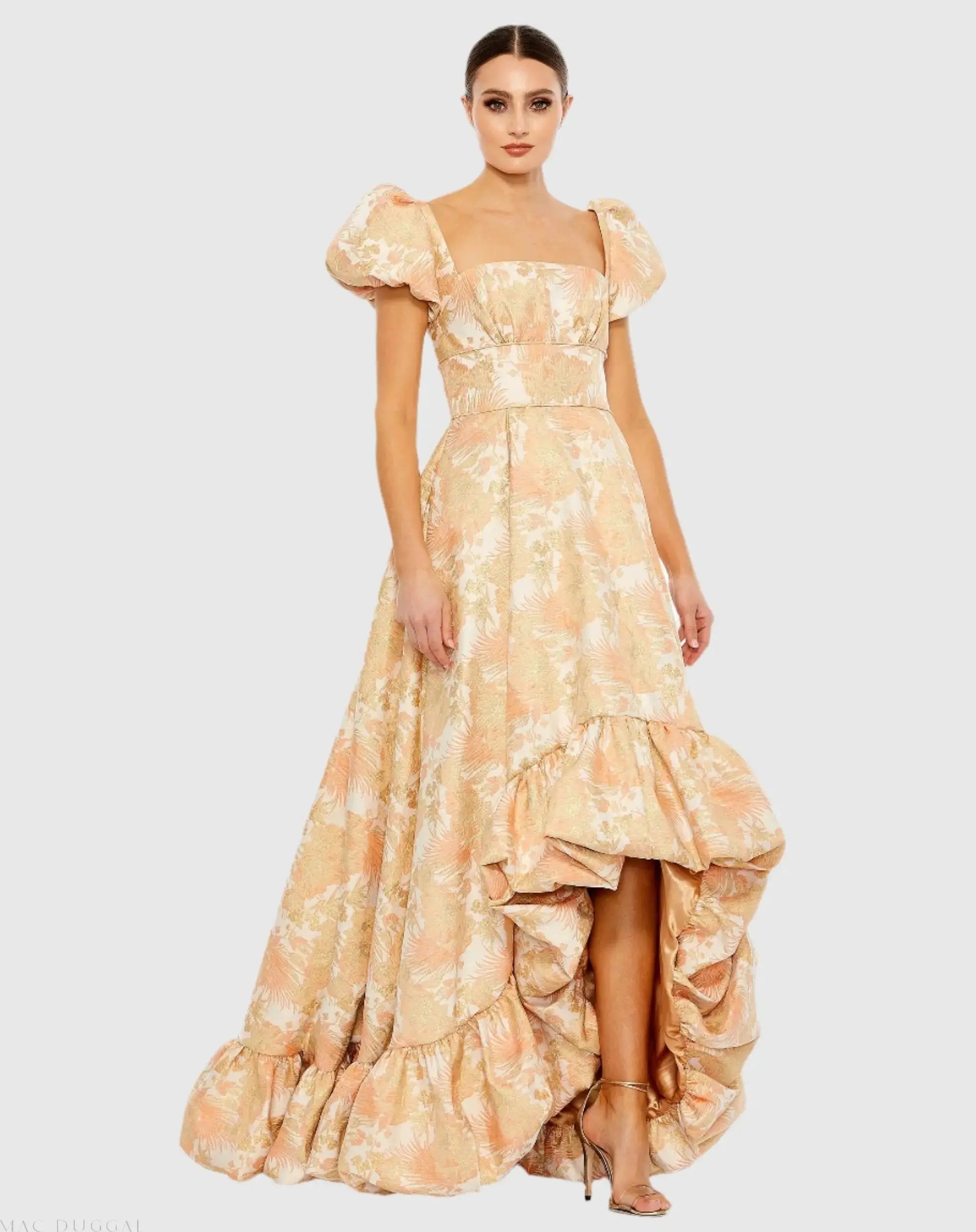 Floral Print Puff Sleeve High Low Brocade Gown - Image 2