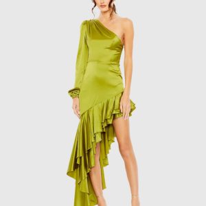 Green Charmeuse One Sleeve Ruffled Asymmetrical Gown - FINAL SALE