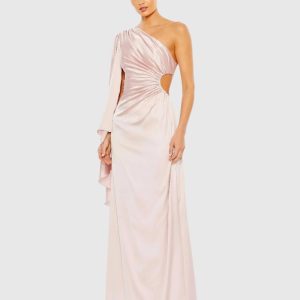 One Shoulder Bell Sleeve Draped Gown